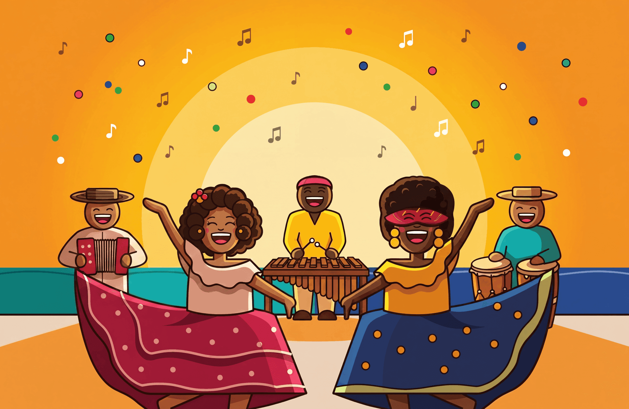 Dos bailarinas costeñas con su banda de músicos